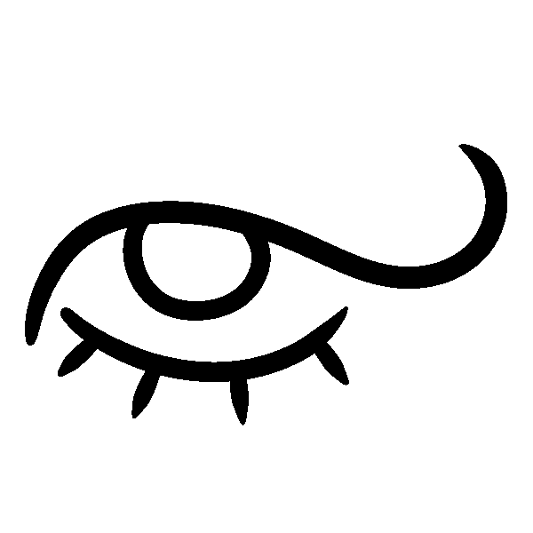 A stylized eye with a curling upper eyelid and lashes along the bottom lid.